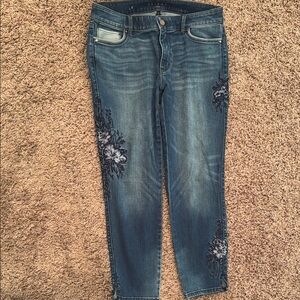 White House Black Market Blue Cropped Jeans with Floral Embroidery